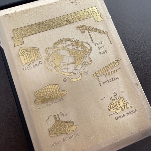 New York Worlds Fair Metal Note Pad Holder Graphics Heliport Sky Ride Monorail - Picture 4 of 9